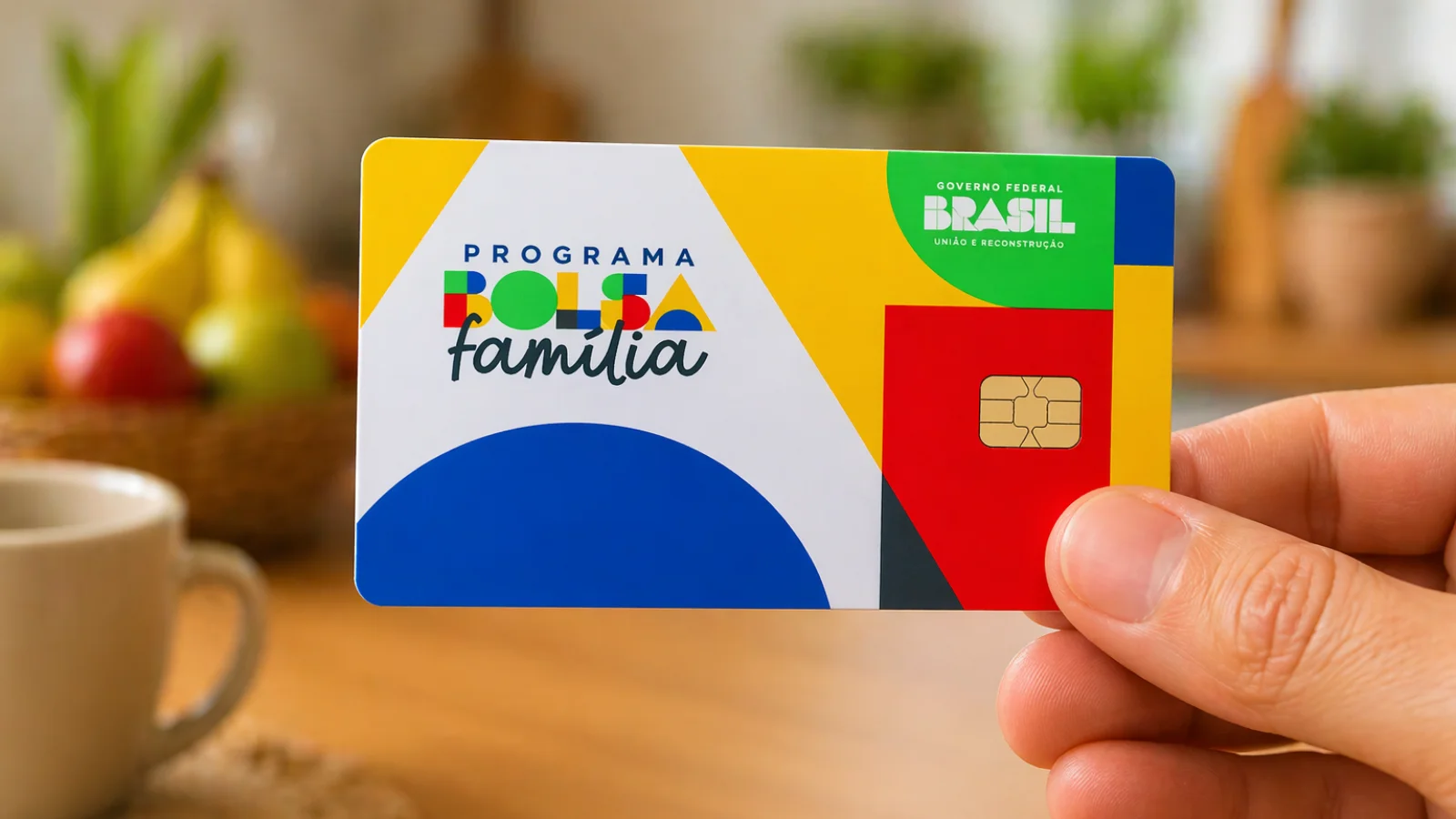 Mão segurando um cartão do programa Bolsa Família com design colorido (amarelo, azul, verde e vermelho) e chip visível, em destaque contra um fundo desfocado de cozinha com frutas e uma xícara.