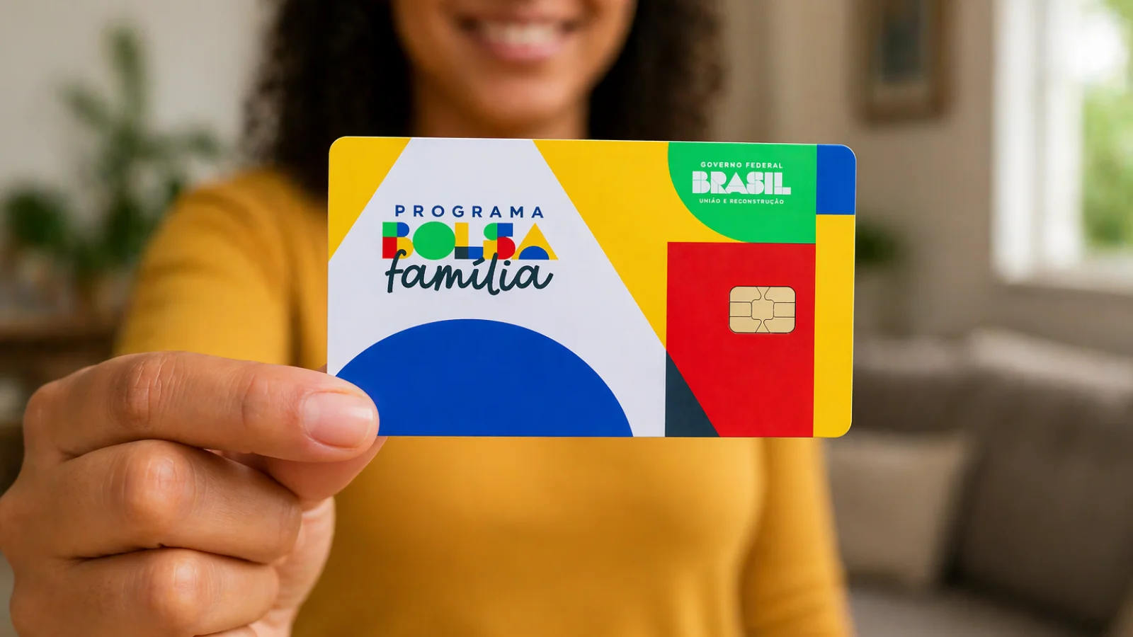 Pessoa sorrindo em um ambiente interno desfocado, segurando em primeiro plano um cartão colorido do programa Bolsa Família com chip visível e design geométrico em amarelo, azul, verde e vermelho.
